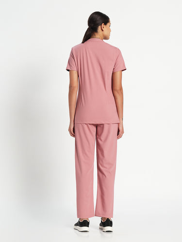 Stretchable (4Way) Women Dusty Pink Mandarin Neck With Straight Pant Set