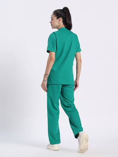 Stretchable (4Way) Women Sea Green Mandarin Neck With Straight Pant Set