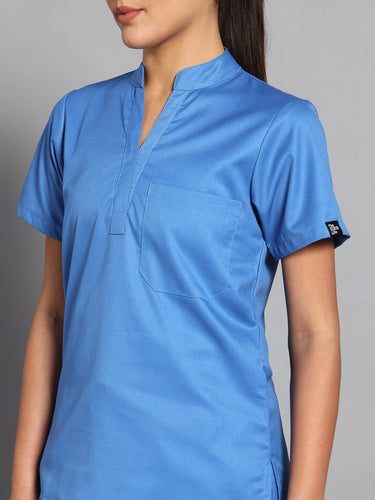 Stretchable (2Way) Female Light Blue Mandarin Neck With Straight Pant Scrub Set