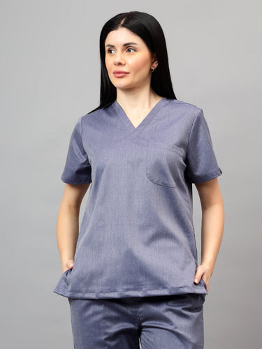 Stretchable (2Way) Female Denim Blue Texture V-Neck With Straight Pant Scrub Set