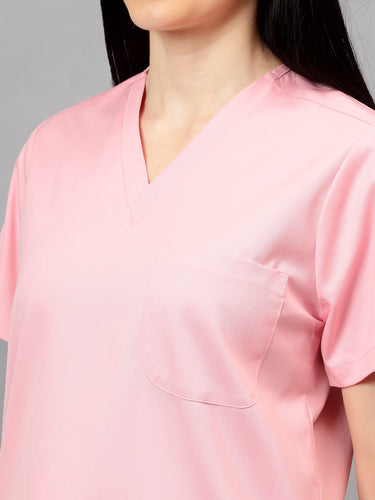 Stretchable (2Way) Female Powder Pink V-Neck With Straight Pant Scrub Set