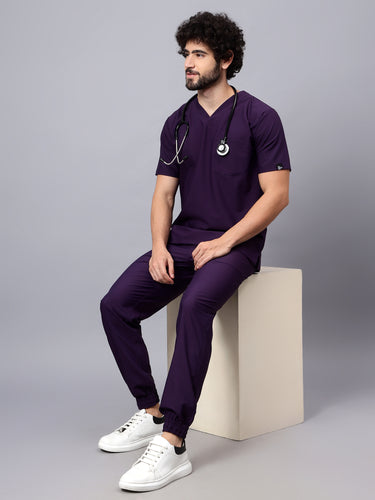 Stretchable (4Way) Male Violet V-Neck With Jogger Scrub Set