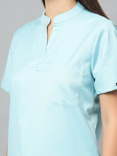 Stretchable (2Way) Women Aqua Blue Mandarin Neck With Jogger Scrub Set