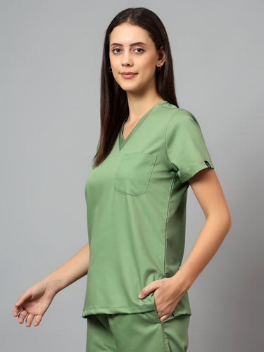 Stretchable (2Way) Female Pista Green V-Neck Scrub Top