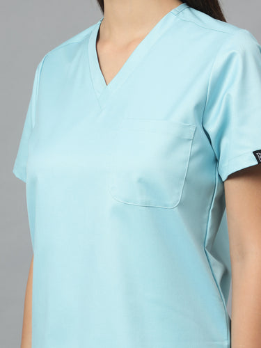 Stretchable (2Way) Female Aqua Blue V-Neck With Straight Pant Scrub Set