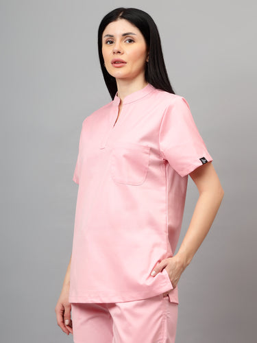 Stretchable (2Way) Female Powder Pink Mandarin Neck With Straight Pant Scrub Set