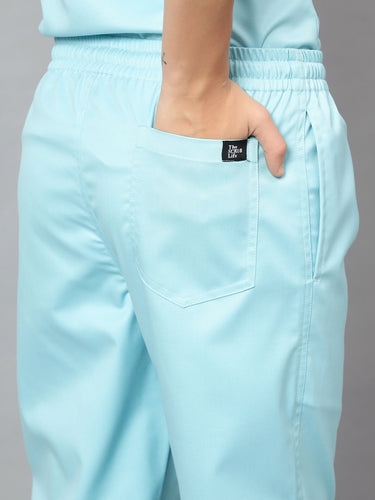 Stretchable (2Way) Female Aqua Blue V-Neck With Jogger Scrub Set