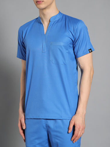 Stretchable (2Way) Male Light Blue Mandarin Neck With Straight Pant Scrub Set