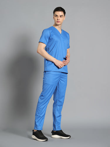 Stretchable (2Way) Male Light Blue V-Neck With Straight Pant Scrub Set
