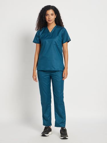 Stretchable (2Way) Female Forest Green V-Neck With Straight Pant Scrub Set