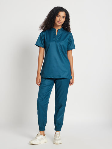 Stretchable (2Way) Female Forest Green Mandarin Neck With Jogger Scrub Set