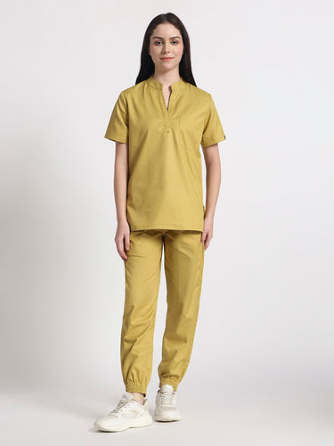 Stretchable (2Way) Female Mustard Mandarin Neck With Jogger Scrub Set