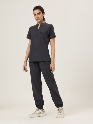 Stretchable (4Way) Women Charcoal Grey Mandarin Neck With Jogger Scrub Set