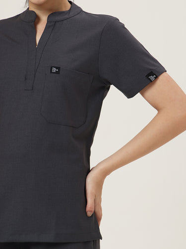 Stretchable (4Way) Women Charcoal Grey Mandarin Neck With Jogger Scrub Set