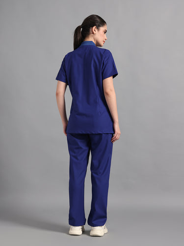 Stretchable (4Way) Royal Blue Women Flex Zip Neckline Top With Straight Pants
