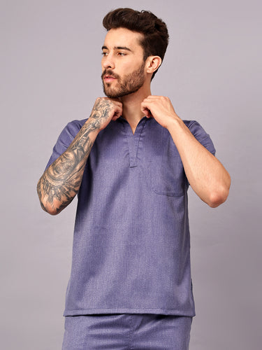 Stretchable (2Way) Men Denim Blue Texture Mandarin Neck Scrub Top