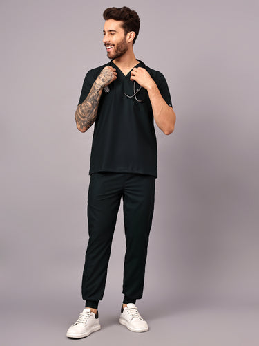 Stretchable (4Way) Male Mid Night Green V-Neck With Jogger Scrub Set