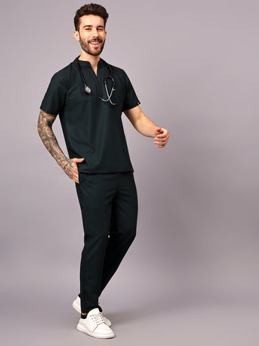 Stretchable (4Way) Male Mid Night Green Mandarin Neck with Straight Pant Scrub Set