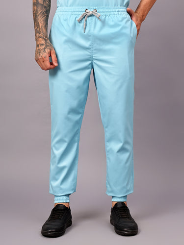 Stretchable (2Way) Male Aqua Blue Mandarin Neck With Jogger Scrub Set
