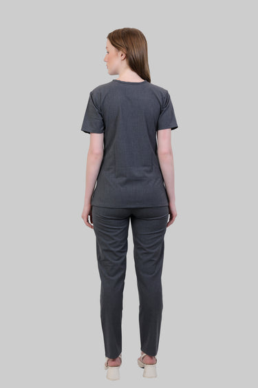 Stretchable (4Way) Female Charcoal Grey V Neck With Straight Pant Scrub Set