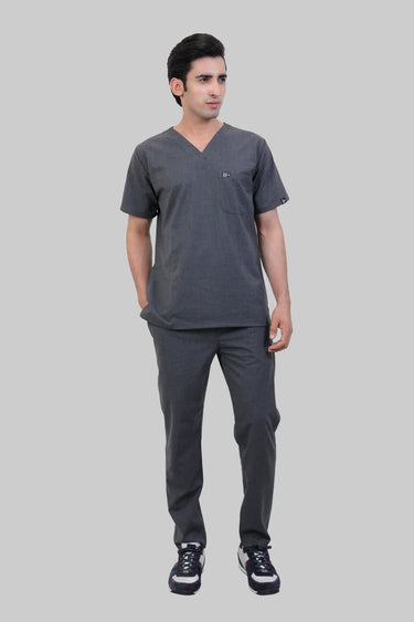 Stretchable (4Way) Male Charcoal Grey V-Neck With Straight Pant Scrub Set