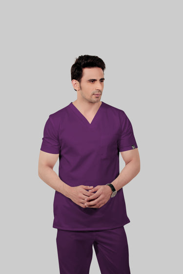 Stretchable (2Way) Male Purple V-Neck With Straight Pant Scrub Set
