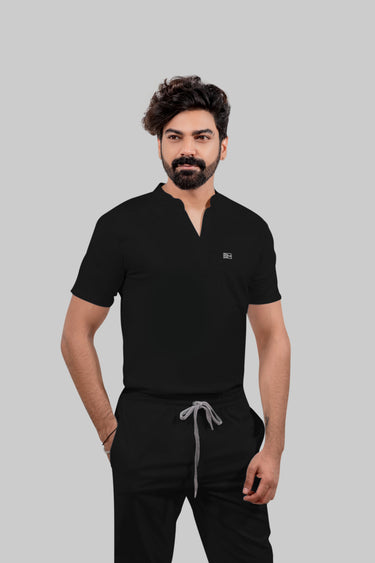 Stretchable (4Way) Male Black Mandarin Neck with Straight Pant Scrub Set