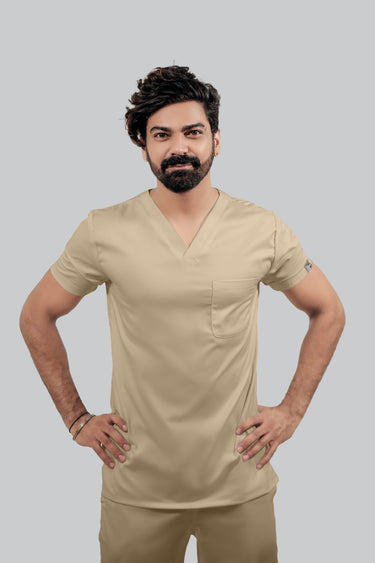 Stretchable (4Way) Male Beige V-Neck With Straight Pant Scrub Set