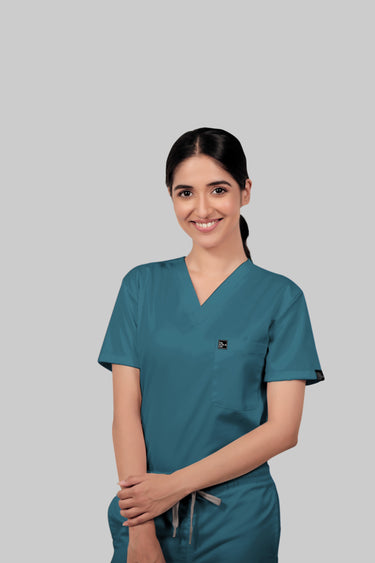 Stretchable (4way) Female Peacock Blue V-Neck With Straight Pant Scrub Set