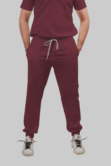 Stretchable (4Way) Female Burgundy V-Neck With Jogger Scrub Set