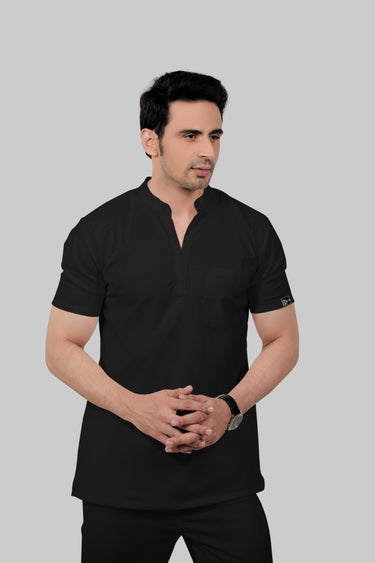Stretchable (2Way) Male Black Mandarin Neck With Jogger Scrub Set