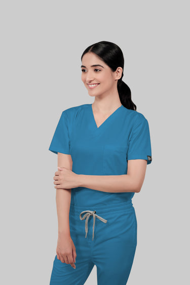 Stretchable (2Way) Female Peacock Blue V-Neck With Straight Pant Scrub Set