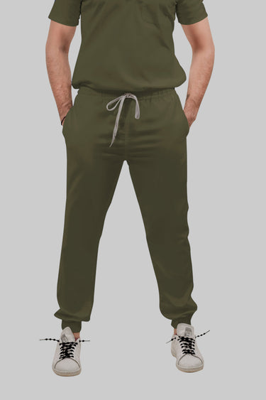 Stretchable (4Way) Female Olive Green Mandarin Neck With Jogger Scrub Set