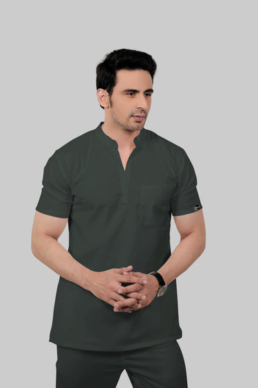 Stretchable (2Way) Male Bottle Green Mandarin Neck With Jogger Scrub Set