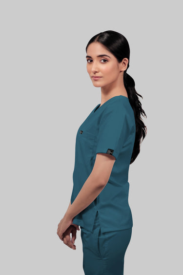 Stretchable (4Way) Women Peacock Blue V-Neck Scrub Top