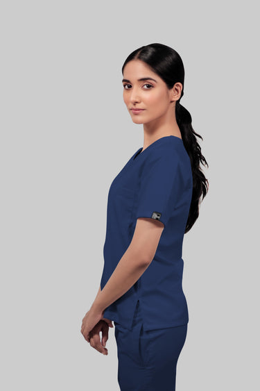 Stretchable (4Way) Female Royal Blue V-Neck With Straight Pant Scrub Set
