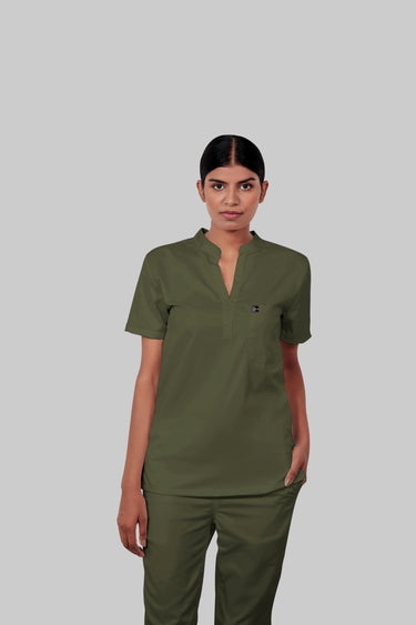 Stretchable (4Way) Women Olive Green Mandarin Neck Scrub Top