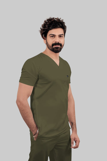 Stretchable (4Way) Male Olive Green V-Neck With Jogger Scrub Set