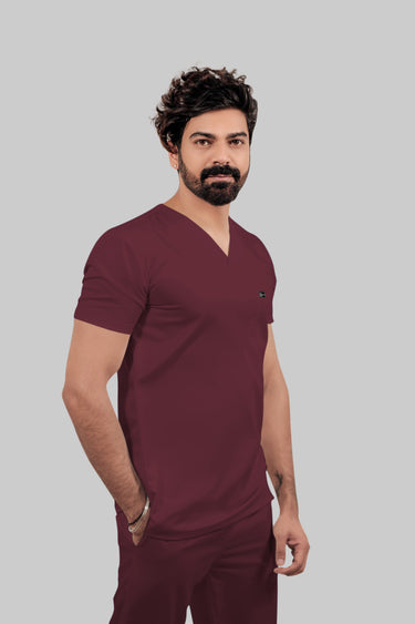 Stretchable (4Way) Male Burgundy V-Neck With Straight Pant Scrub Set