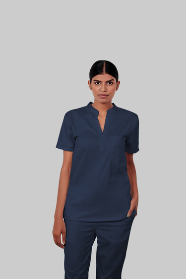 Stretchable (4Way) Female Navy Blue Mandarin Neck With Straight Pant Scrub Set
