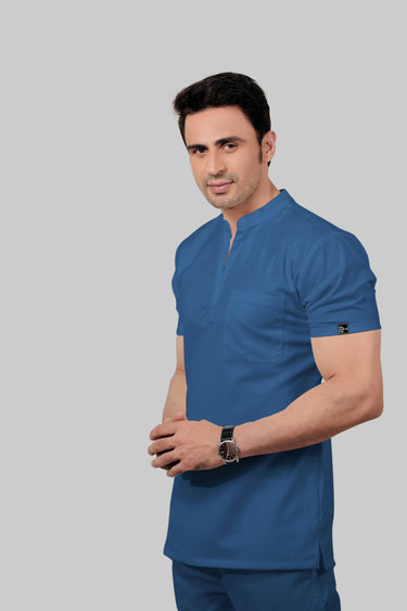 Stretchable (2Way) Male Steel Blue Mandarin Neck Scrub Top