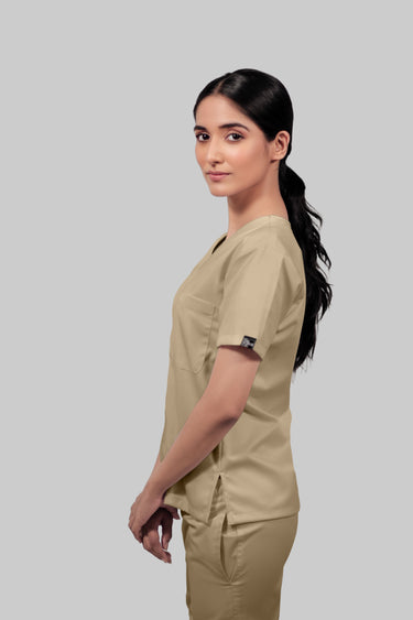 Stretchable (4Way) Women Beige V-Neck Scrub Top