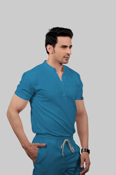 Stretchable (2Way) Male Peacock Blue Mandarin Neck Scrub Top
