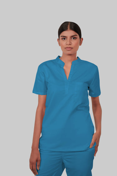 Stretchable (2Way) Female Peacock Blue Mandarin Neck With Straight Pant Scrub Set