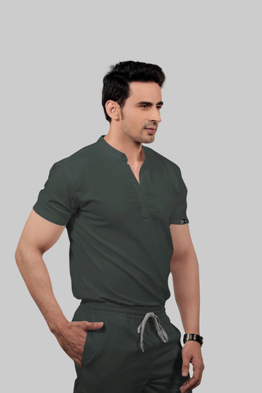 Stretchable (2Way) Male Bottle Green Mandarin Neck With Jogger Scrub Set