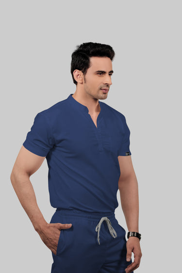 Stretchable (2Way) Male Navy Blue Mandarin Neck With Straight Pant Scrub Set
