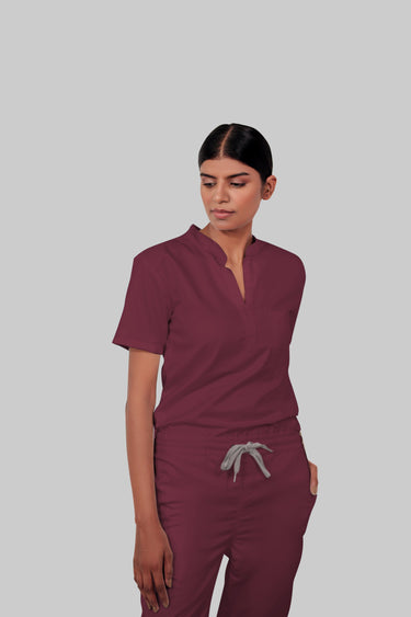 Stretchable (4Way) Female Burgundy Mandarin Neck With Jogger Scrub Set