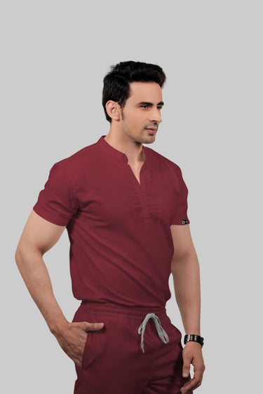 Stretchable (2way) Male Maroon Mandarin Neck Scrub Top