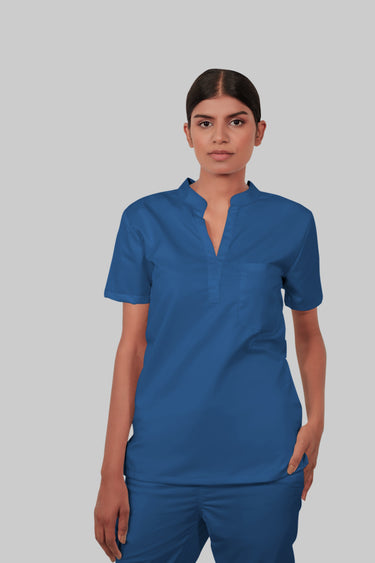 Stretchable (2Way) Female Steel Blue Mandarin Neck With Straight Pant Scrub Set