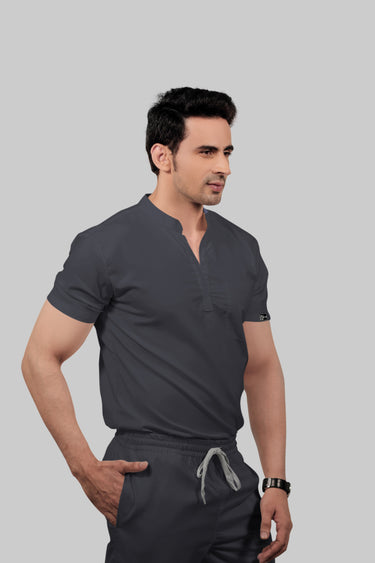 Stretchable (2Way) Male Dark Gray Mandarin Neck With Straight Pant Scrub Set